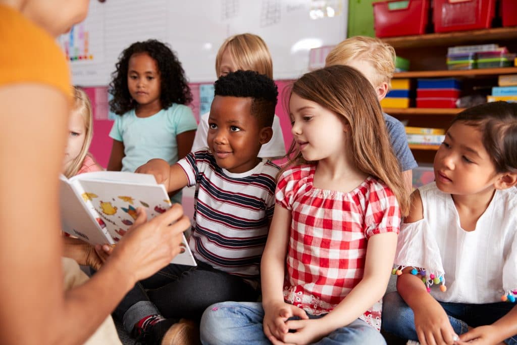 Group Of Elementary School Pupils Sitting On Floor Listening To Female Teacher Read Story