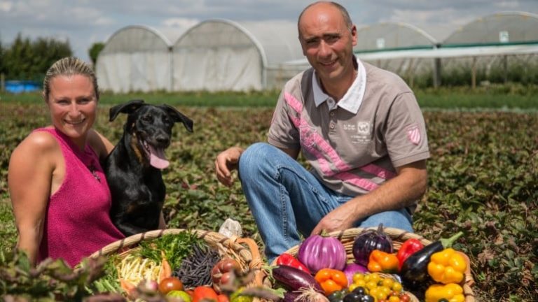 De gauche à droite, une femme, un chien, un homme accroupis au milieu d'un champ et devant leur production de légumes mêlant de nombreuses couleurs.