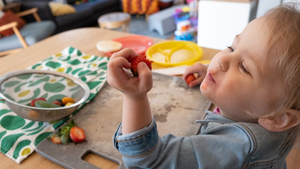 Un enfant mange des fraises.