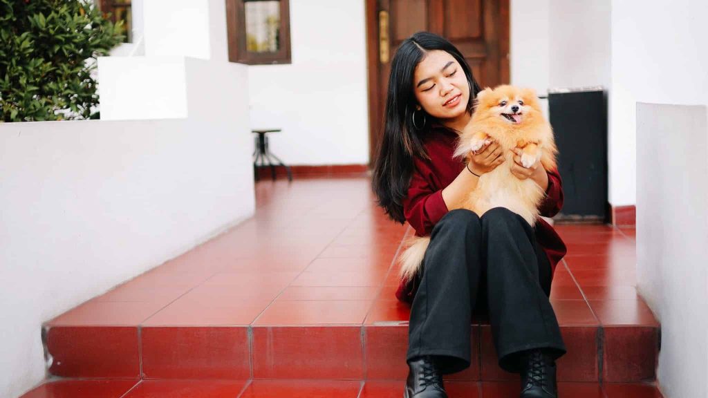 Une femme est assise sur des escaliers elle joue avec un chien