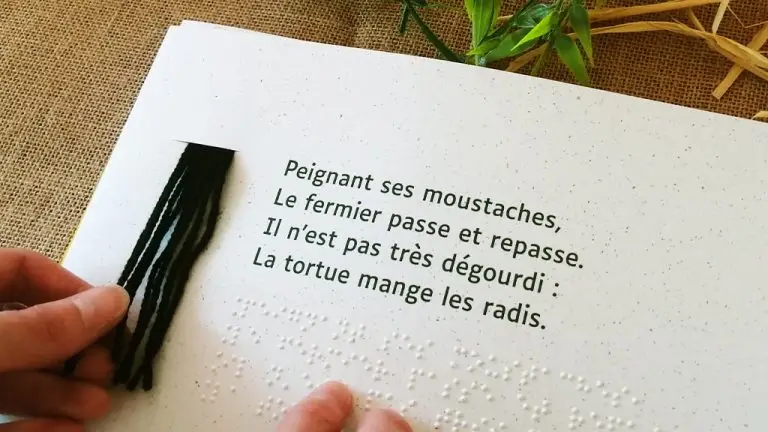 Une photo d'un livre adapté par la maison d'édition Mes Mains en or. Sur la page, il y a un texte en gros caractères, en dessous du braille et sur le côté des fils de laine noire.