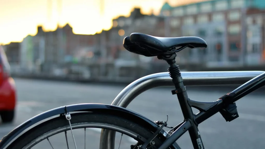 Vélo photographié de près, mise au point sur la scelle, derrière une ville.