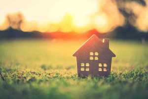 Façade d'une petite maison en carton posée sur l'herbe